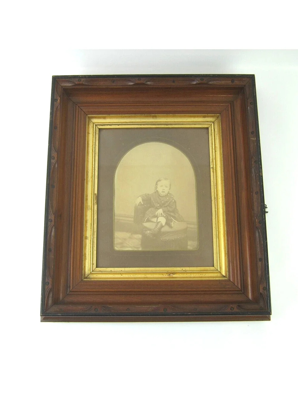 Antique Victorian Deep Picture Frame Carved Wood Gold Gilt Child Photo Glass 16